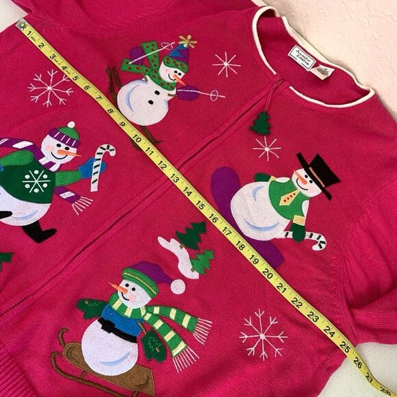 Snowman Christmas Winter Cardigan Womens 2XL Pink Zip Close Appliqué Whimsical - Picture 11 of 14